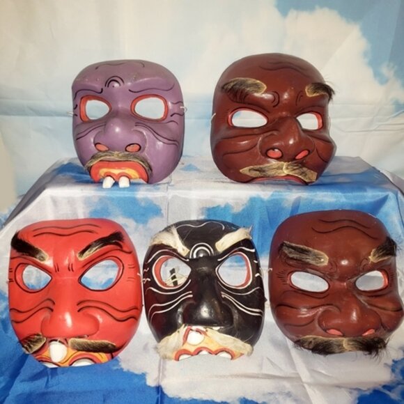 Other - 5 - Vtg Wood Indonesia Bali Topeng Dance Theater Demon Half-Masks Handcrafted